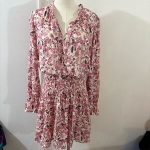 Evereve Roan + Ryan Smocked Waist Pink Cream Floral Genevieve Dress Sz L NWT